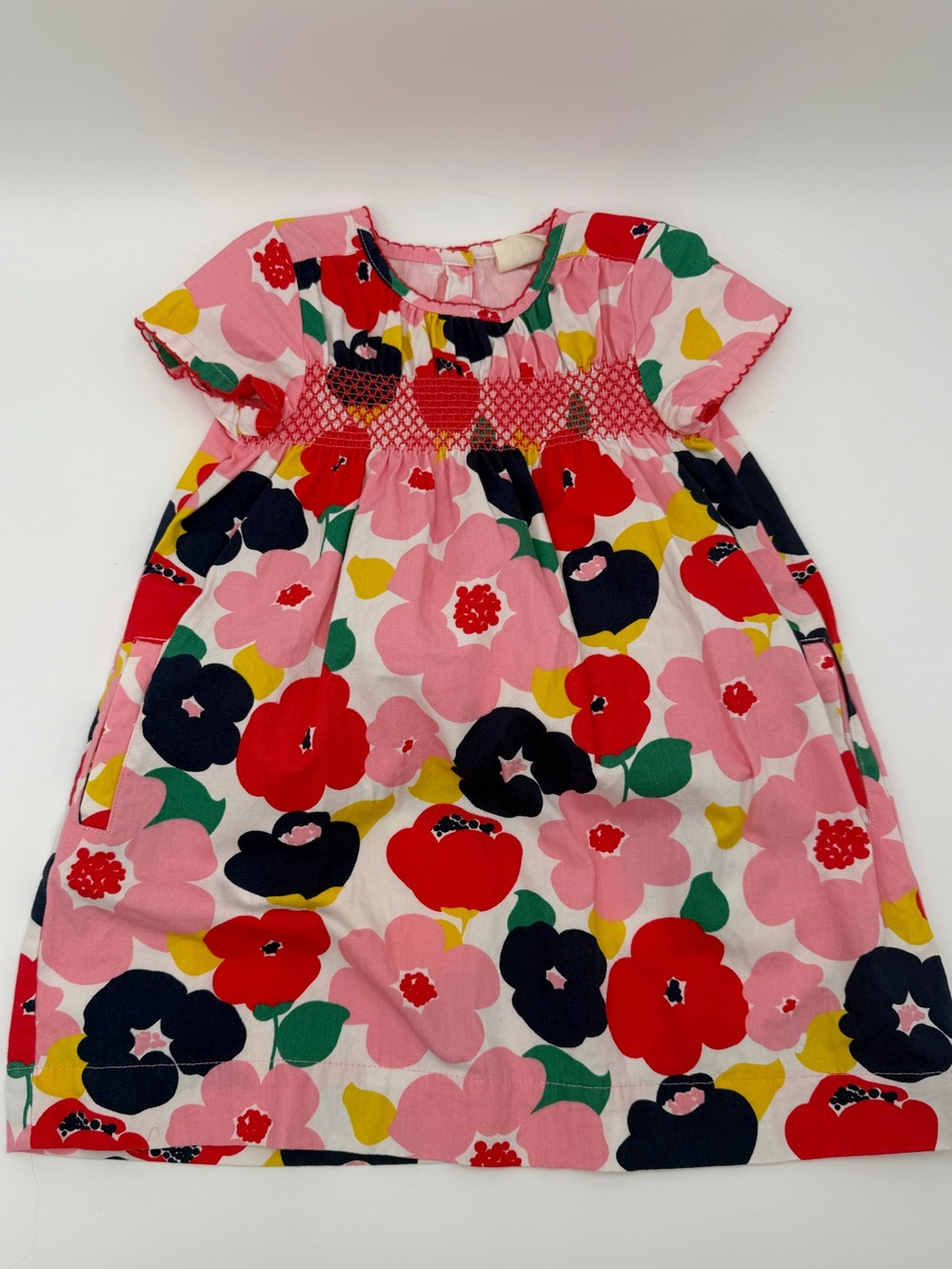 Mini Boden Pink Floral Short-Sleeve Smocked Dress 3-4